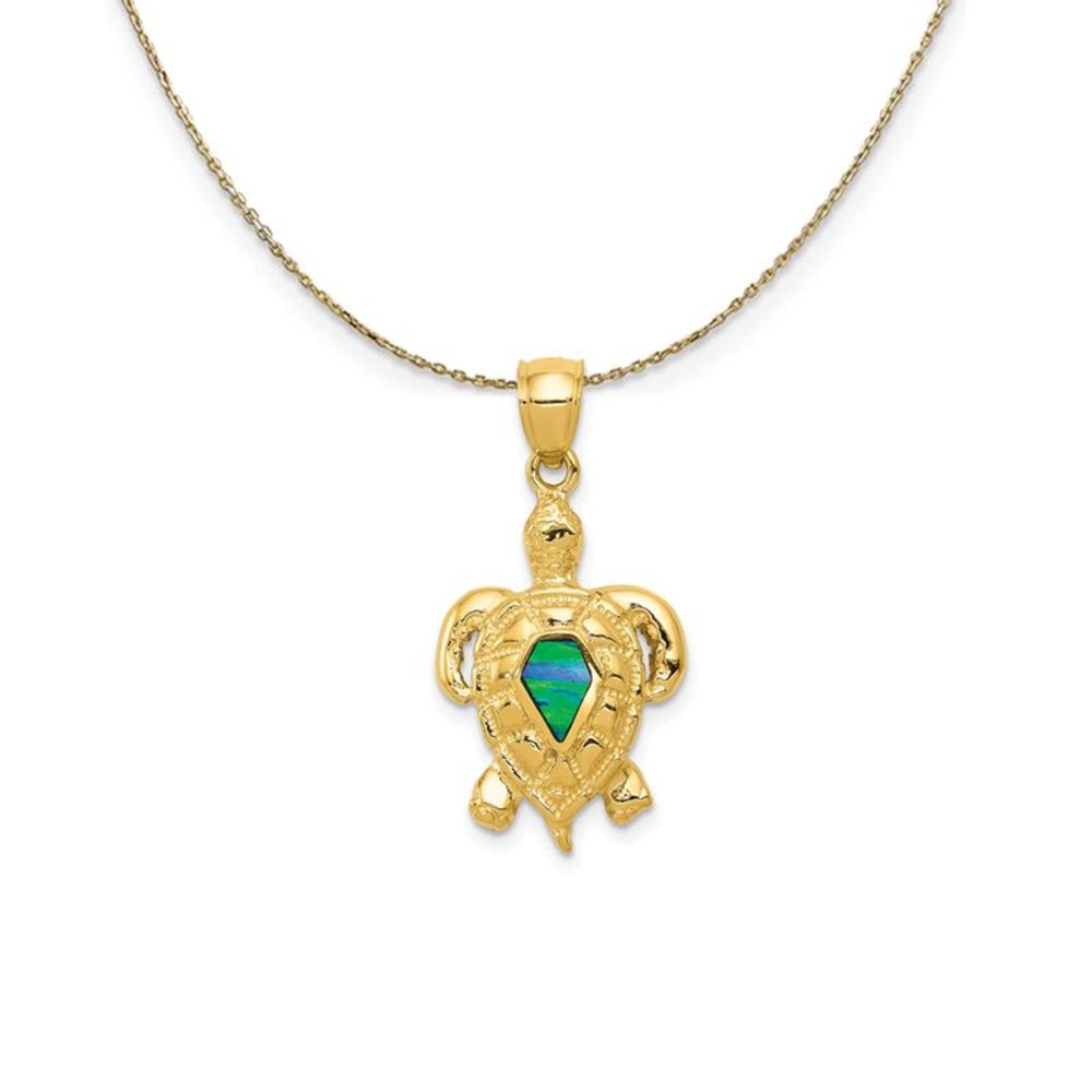 14k Yellow Gold & Synthetic Blue Opal Turtle Necklace - 20 Inch